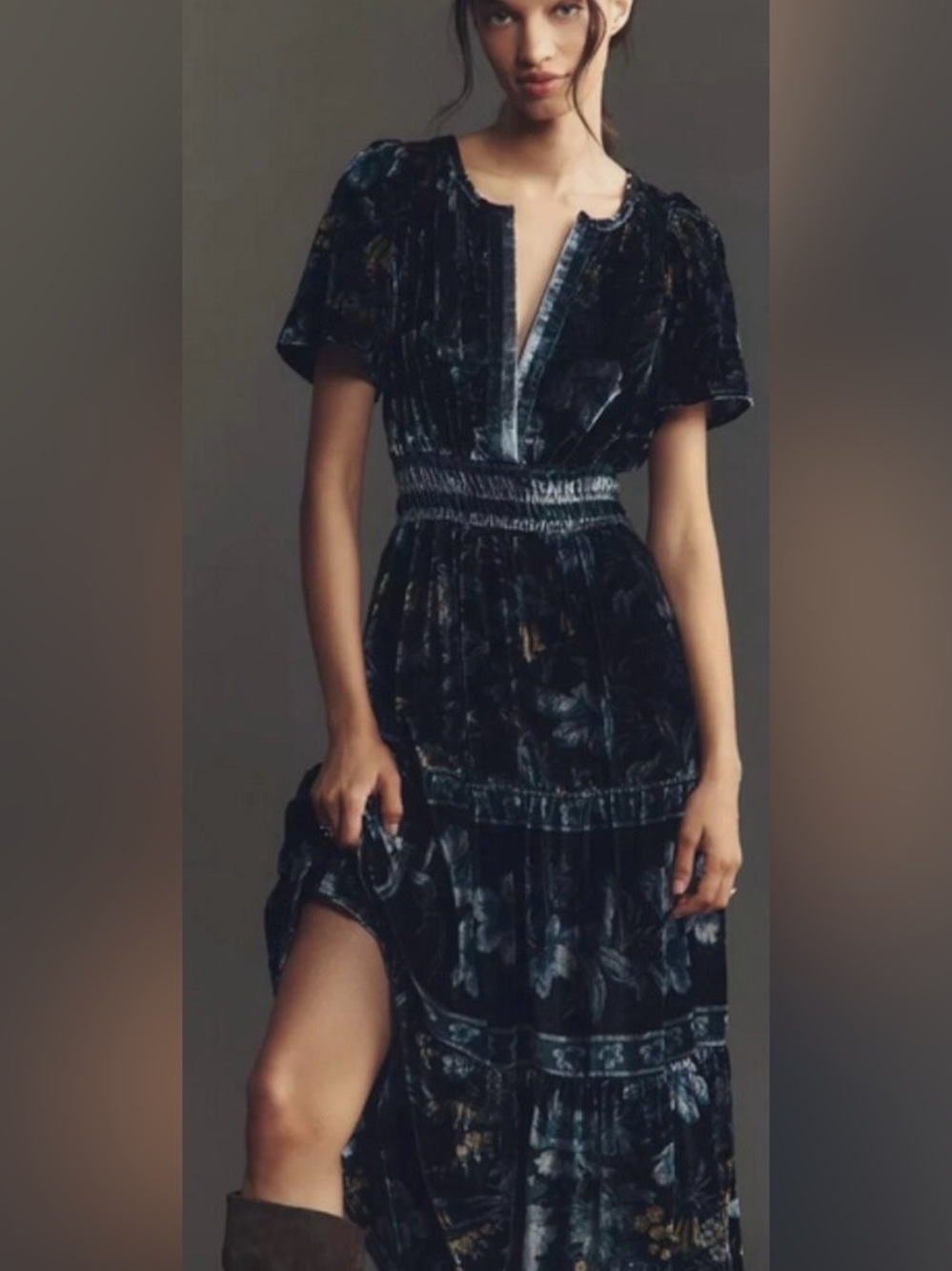 NWT Anthropologie Velvet Floral Somerset Midi Dress in Deep Blue-Black